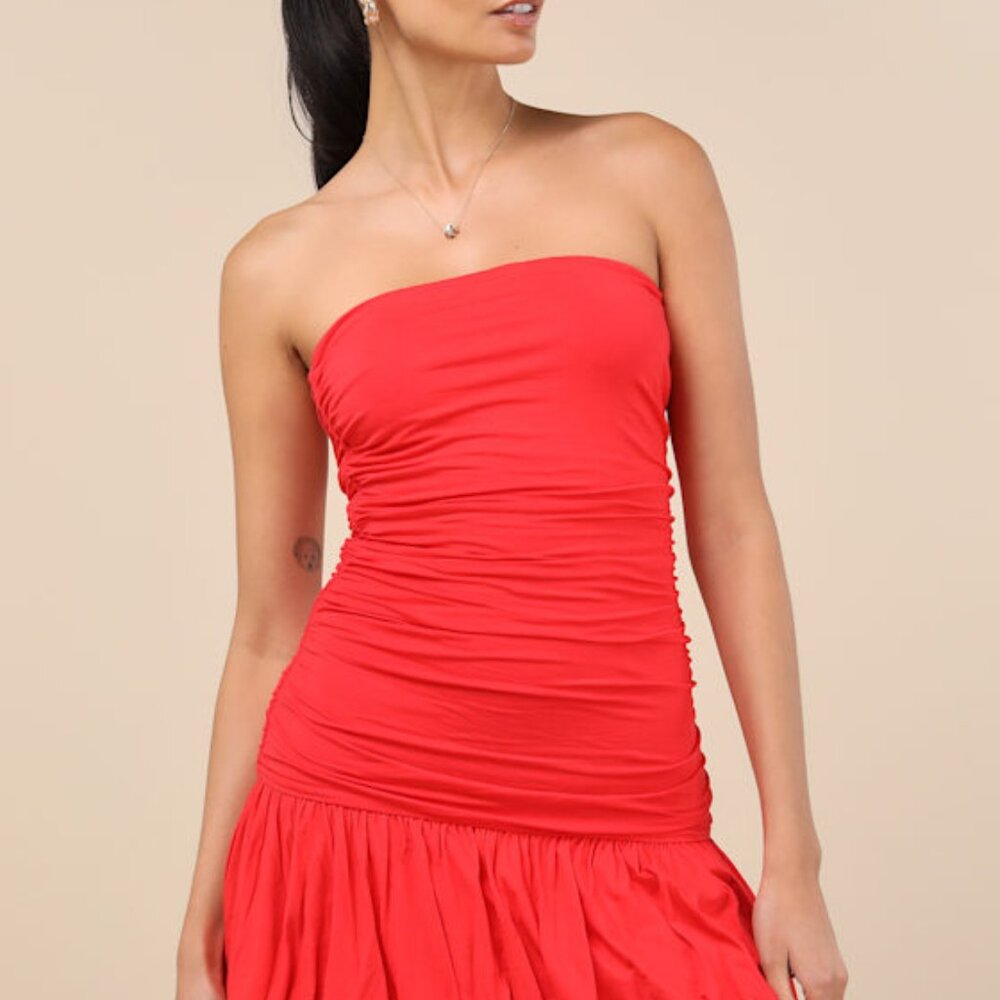 Lulus Calix Red Orange Strapless Ruched Bubble-hem Mini Dress - Size XS